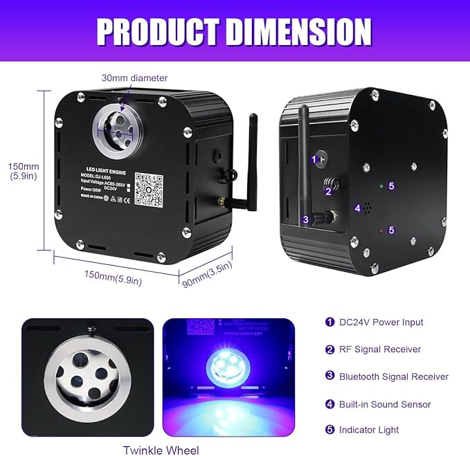 AZIMOM High Brightness 50W Twinkle 1000pcs*0.03in*13.1ft Fiber Optic Starlight Kits End Glow Fiber Strands Sound Activated Bluetooth/APP Remote Control Theater Ceiling Home Shop Lobby Roof Decor