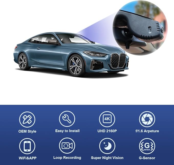Fitcamx 4K Dash Cam Suitable for BMW 4 Series M4 2020-2024 430i 440i M440i Xdrive G22 G23 G26 G82 G83 (HD2-6308), OEM Style, 2160P UHD Video, WiFi&APP, Loop Recording, G-Sensor, Plug&Play, 64GB Card
