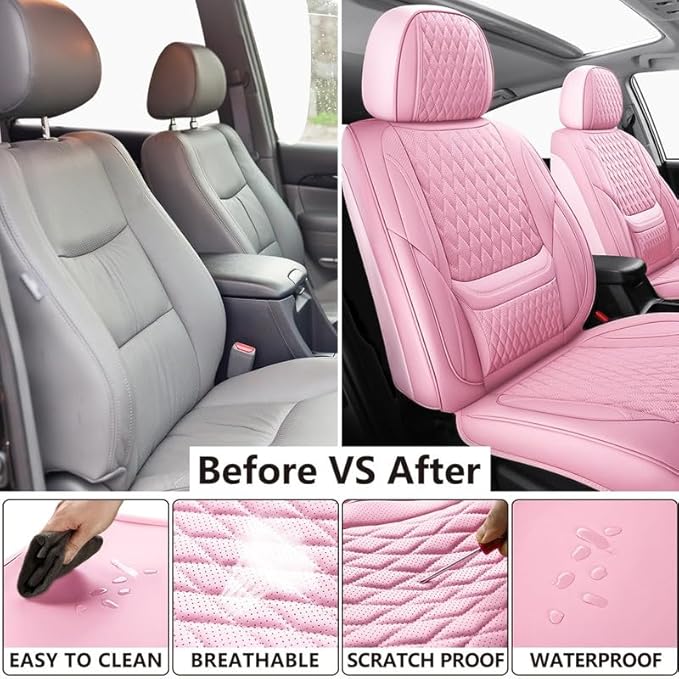 Car Seat Covers Full Set Custom Fit for Mercury Sable 1995-2009 - Premium Faux Leather with Lumbar Support | Breathable, Waterproof, Anti-Slip, Durable (Pink,Full Set)
