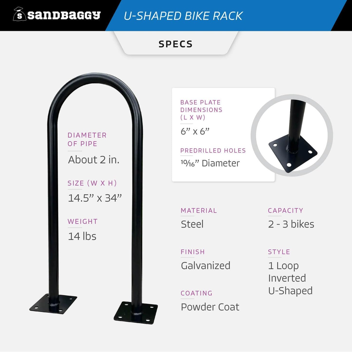 Sandbaggy In Ground Bike Rack | U Shaped, Commercial, Outdoor, 1 Loop, Galvanized Steel | Black, 14.5" x 34" (1)