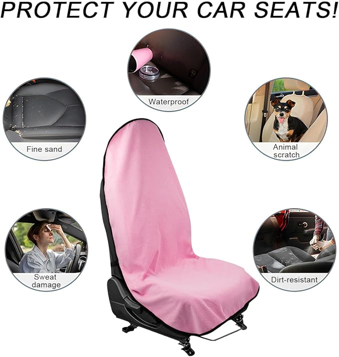 2PCS Car Towel Seat Cover, Waterproof Sweating Non-Slip Premium Soft Towel Carseat Protector, Universal Machine Washable Car Truck SUV Front Seat Cover for Gym Workout Beach Hiking (Pink)