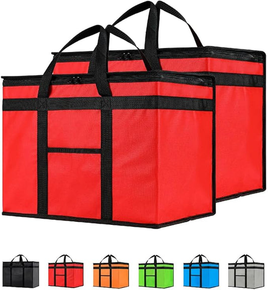 NZ home Insulated Bags for Food Delivery (XL Plus) Grocery Shopping Cooler Bag, Pizza Delivery, Hot & Cold Catering Tote, Reusable, Foldable & Heavy Duty (2 Pack, Red)