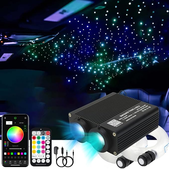 AZIMOM Dual Color 32W 400pcs Fiber Optic Starlight Headliner Kits 0.03in 9.8ft Fiber Strands Sound-Activated APP/Bluetooth Remote Control Home Car Star Ceiling Roof Decor
