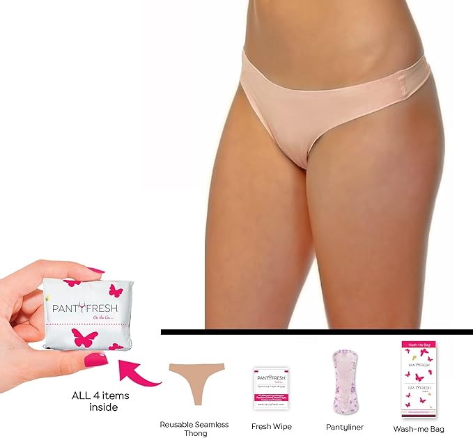 to-Go Panty Kit Includes 4 Items Seamless Thong Underwear Fresh Wipe Pantyliner & Washbag Travel First Period Kit Feminine Hygiene Incontenance Emergency