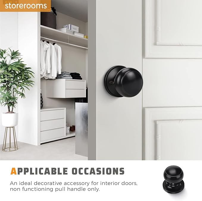 KNOBWELL 2 Pack Black Dummy Door Knob, Single Sided Handle for Closets, French Double Doors, and Pantry, Matte Black One Side Non-Turning Interior Push/Pull Door Knob