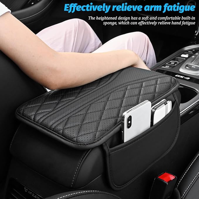 Car Center Console Cover, Leather Vehicle Armrest Box Pad with 2 Storage Bags, Automotive Interior Arm Rest Cushion Protector Accessories, Universal for SUV Sedan Truck (Beige)