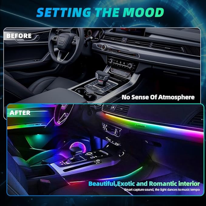 KENANEK Ambient Lighting Car Interior LED Strip Lights 6-in-1, 175” Acrylic Multi-Color Car Ambient Lighting Kit with Music Sync, APP Control, Interior LED Lighting for Cars SUVs Trucks