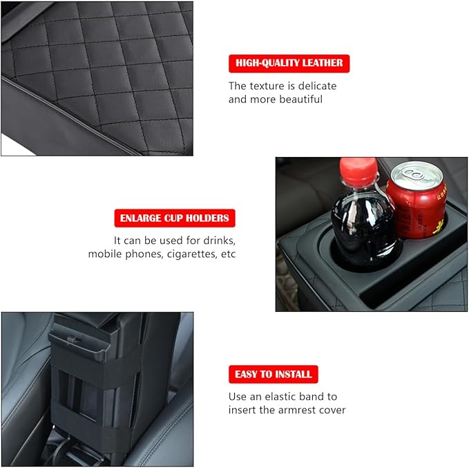 Car Center Console Armrest Pillow with Cup Holder, Leather Middle Console Protection Cushion with Phone Holder, Memory Foam Auto Arm Rest Box Cover, Universal Vehicle Accessories (Black)