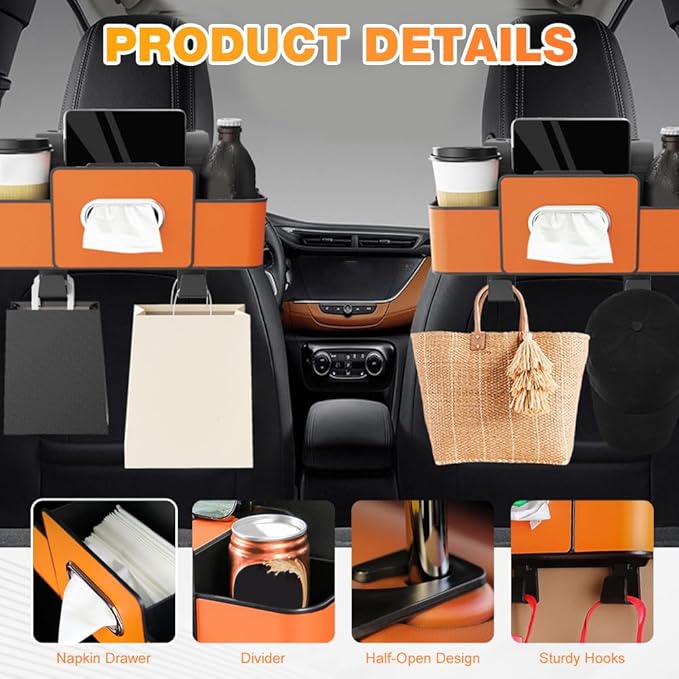 Back Seat Car Organizer,3 in 1 Car Backseat Storage Box with Cup Holder,Tissue Box,Trash Bin&Hooks,Multifunctional Waterproof Storage for Hold Phones Snacks Drinks Handbags (1, White+Black)