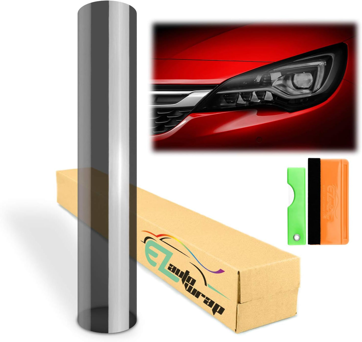 EZAUTO WRAP Free Tool Kit 12"x60" (1FT x 5FT) Glossy Medium Black Smoke Headlight Taillight Fog Light Side Marker Vinyl Tint Film Self Adhesive