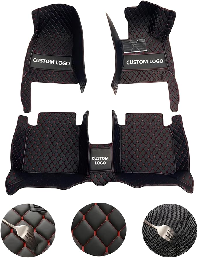 Customize Car Floor Mats for 99% Sedan SUV Sports Car All Weather Leather Full Coverage Waterproof Non-Slip Vehicle Lining Pads (Pure red Stripe)