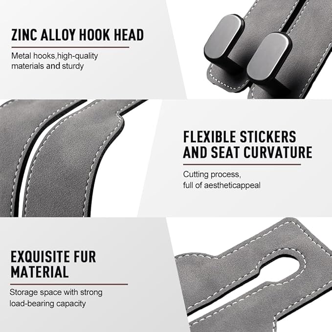 Car Seat Back Storage Hook, 2026 New Two Hook Fur Leather Seat Back Headrest Hanger Genuine Leather Double Metal Hook for Backseat Organizer, Car Organization Accessories (4, Black)