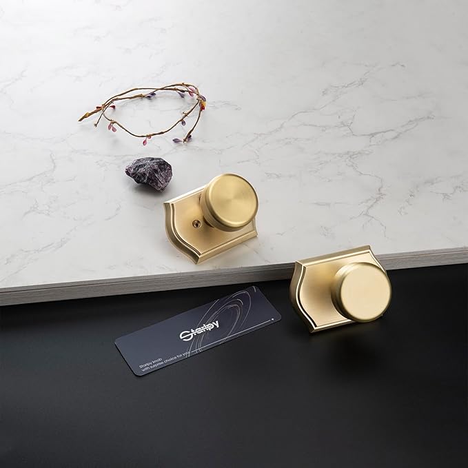 Interior Pismo Doorknobs for Bath & Bedroom, Gold Door Knobs with Camelot Trim, Satin Brass Door Knob with Lock