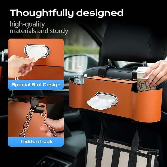 3-in-1 Car Backseat Organizer, 2026 New Multifunctional Back Seat Car Organizer with Cup Holder, Tissue Box, Trash Bin & Hooks for Hold Phones, Snacks, Drinks, Handbags (2, Red)
