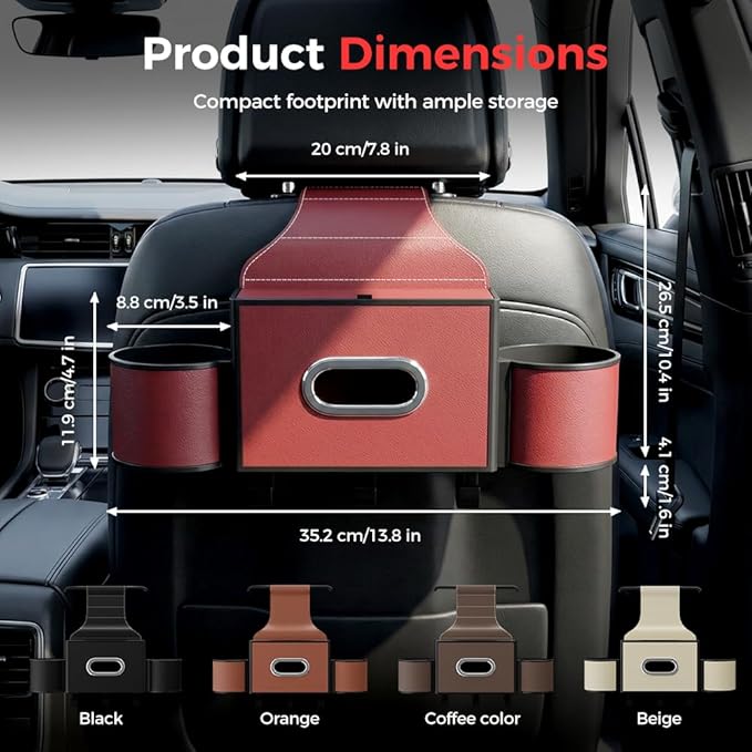 Back Seat Car Organizer,3 in 1 Car Backseat Storage Box with Cup Holder,Tissue Box,Trash Bin&Hooks,Multifunctional Waterproof Storage for Hold Phones Snacks Drinks Handbags (1, A-Coffee)