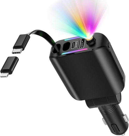 Retractable Car Charger with Starlight, 4 in 1 [120W] USB C for iPhone and Android Car Charger Fast Charging, Compatible with iPhone 16/15/14/13/12/11, Valentines Gifts for Women Men (Black)