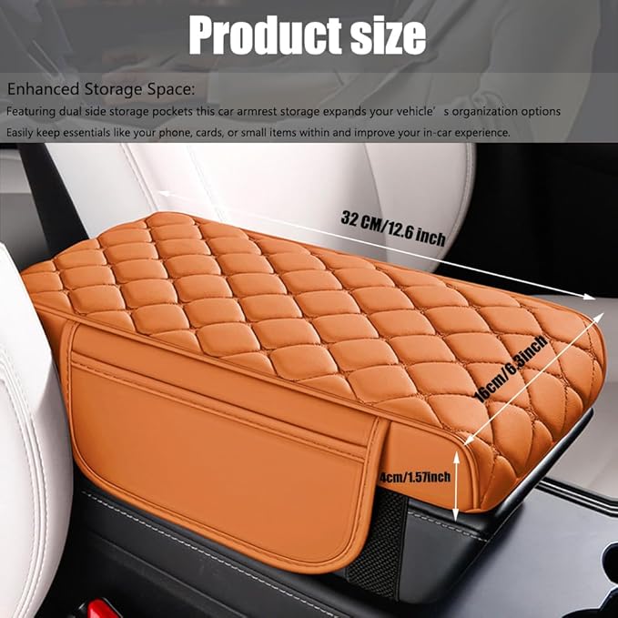 Universal Memory Cotton Car Armrest Box Pad, 2026 New Leather Car Armrest Box Pad with 2 Storage Bags, Auto Armrest Seat Box Cover, Center Console Cover Cushion for SUV, Car, Truck (Orange)