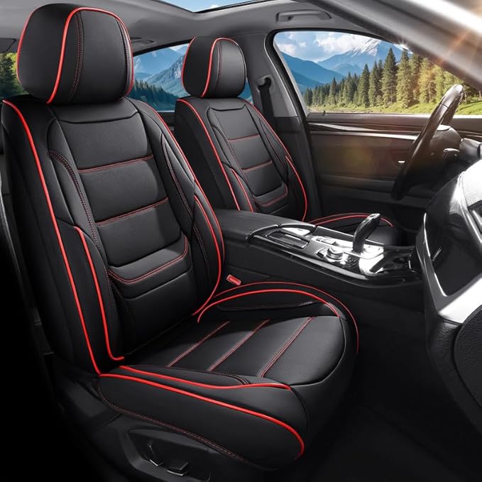 Car Seat Covers Full Set Custom Fit for Ford Fusion 2007-2020-Luxury Leather with Lumbar Support, Breathable, Waterproof, Anti-Slip, Durable, Easy to Install (Black&Red,Full Set)