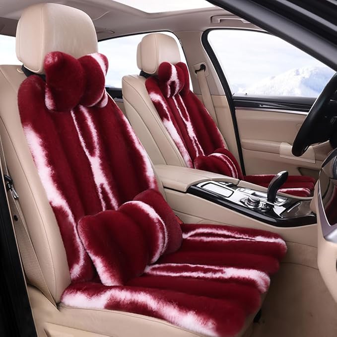 Luxury Plush Car Seat Cushion Set Car Headrest & Lumbar Support & Seat Cushion & Back Support Pillow Fluffy Fuzzy Car Seat Covers Non-Slip Cushion for Universal Accessories Automobiles (4, Wine Red)