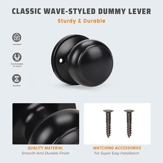 KNOBWELL 2 Pack Black Dummy Door Knob, Single Sided Handle for Closets, French Double Doors, and Pantry, Matte Black One Side Non-Turning Interior Push/Pull Door Knob