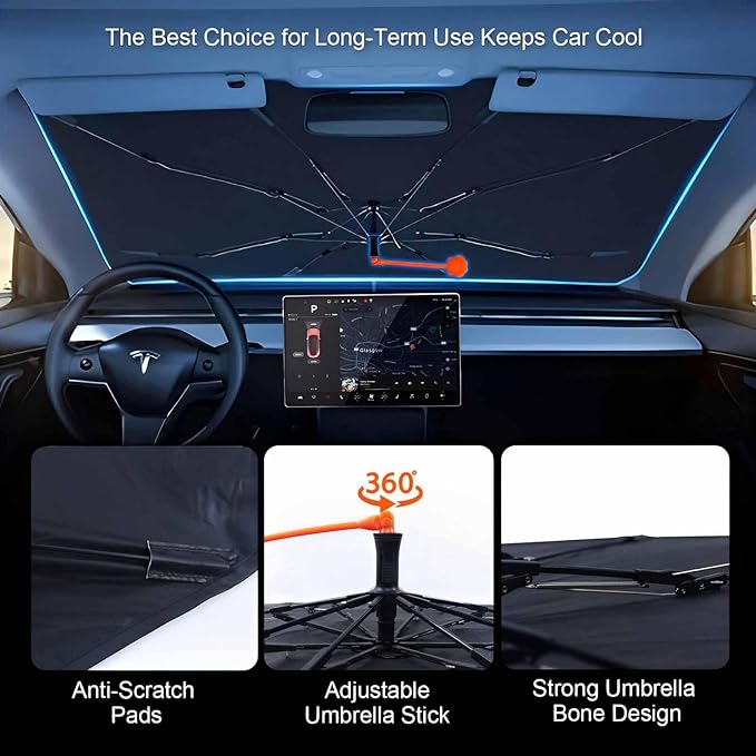 CHILL�TEK US Flag Car Windshield Sun Shade Umbrella, American Foldable Umbrella Sunshade for Front Window UV Reflector Protection Auto Shades Cover black 1,57x31 In