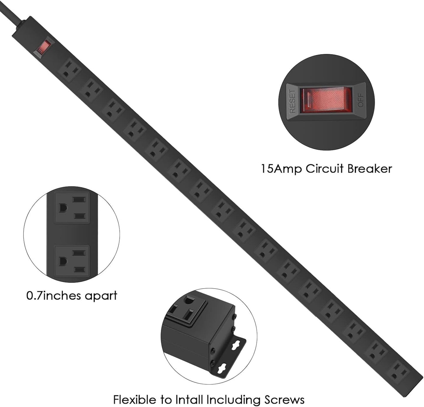 HHSOET 16-Outlet Metal Wall Mount Power Strip, 15 ft 14AWG Power Cord, 15A 125V 1875W, Black