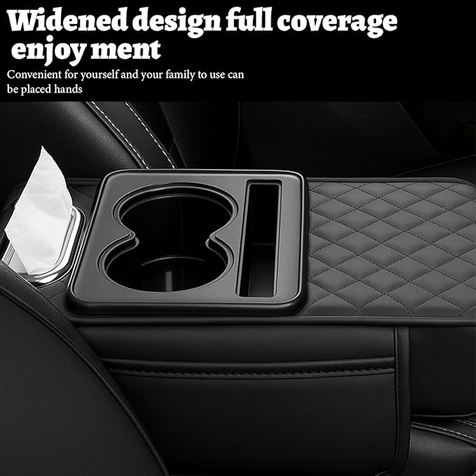 Car Center Console Cover, Memory Foam Nappa Leather Vehicle Armrest Cushion with Tissue Box, 2 Storage Bag & Holder, Automotive Arm Rest Protector Accessories, Universal Fit (Light Gray)