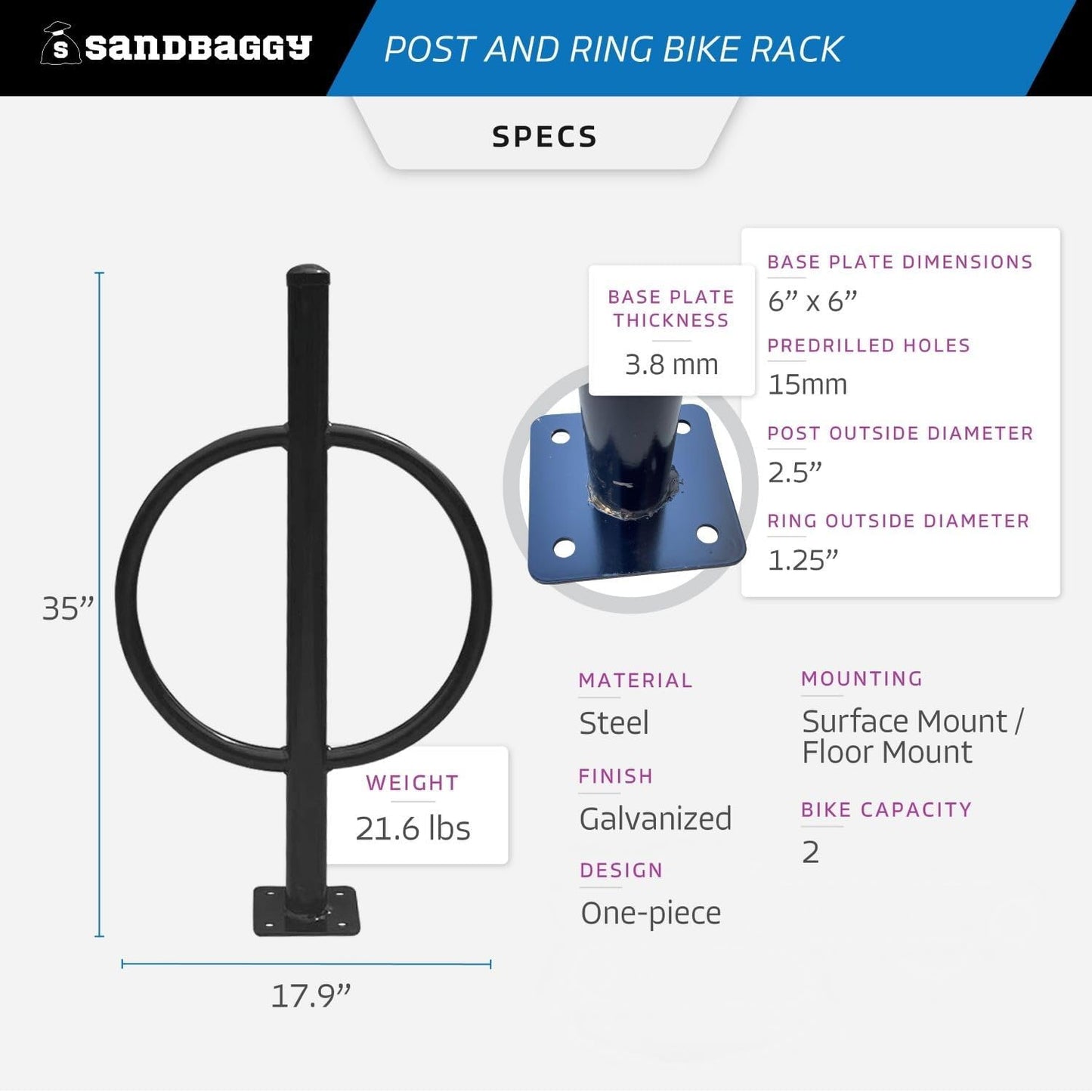 Sandbaggy Post and Ring Bike Rack - Commercial Bike Racks - Galvanized Steel - Anti-Theft Design - In Ground, Apartments, Sidewalks, Industrial (Gray, 10)