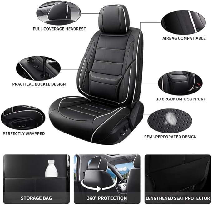 Car Seat Covers Full Set Custom Fit for Ford Edge 2007-2025 2026-Luxury Leather with Lumbar Support, Breathable, Waterproof, Anti-Slip, Durable, Easy to Install (Black&White,Full Set)
