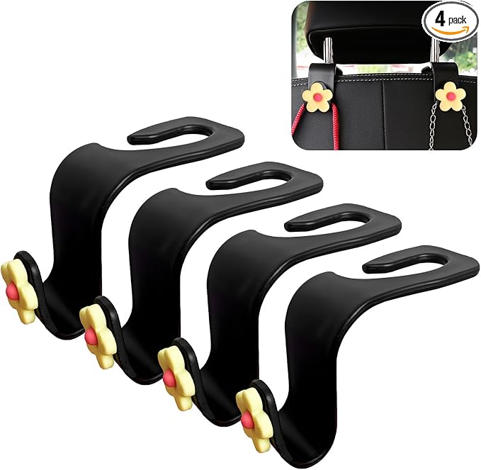 4 PCS Car Seat Headrest Hook, Plastic Headrest Hooks with Adhesive Flower, Auto Back Seat Hanger Storage Hook for Grocery Bag Purse Handbag Umbrella, Car Accessories (Light Yellow)