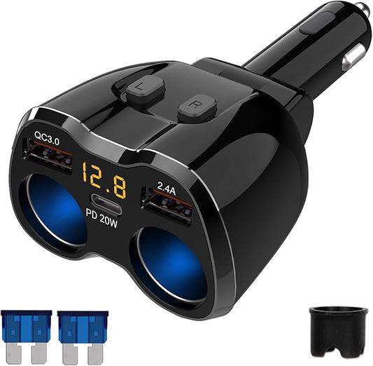 Cigarette Lighter Splitter 2 Socket, Qidoe 150W Cigarette Lighter Adapter 20W USB C Car Charger and 18W QC3.0 Multi Port Car 12V Splitter with Button Switch LED Voltmeter for GPS Dash Cam Phone Tablet