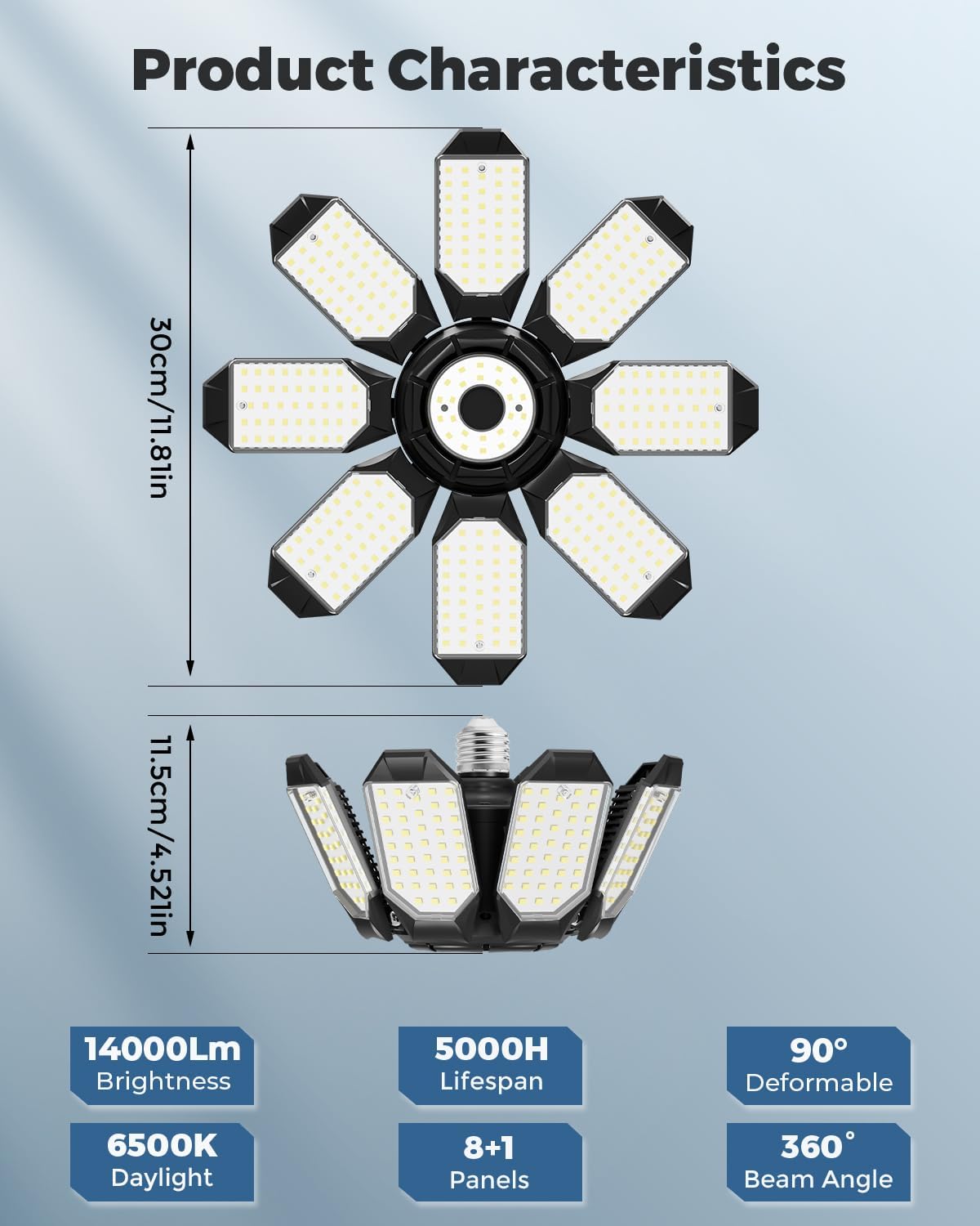 Adiding LED Garage Ceiling Lights 2 Pack w/ 8+1 Adjustable Panel, Super Bright 28000LM Deformable Basement Light Bulb Fixture Screw in E26 Socket Base for Indoor Workshop Attic Gym Bay Laundry Utility