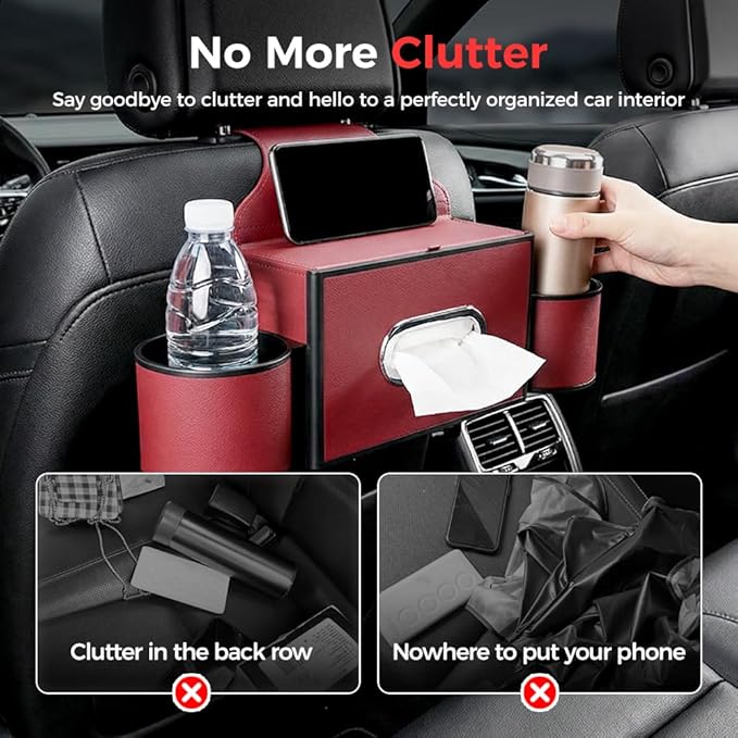 Back Seat Car Organizer,3 in 1 Car Backseat Storage Box with Cup Holder,Tissue Box,Trash Bin&Hooks,Multifunctional Waterproof Storage for Hold Phones Snacks Drinks Handbags (1, A-Black)