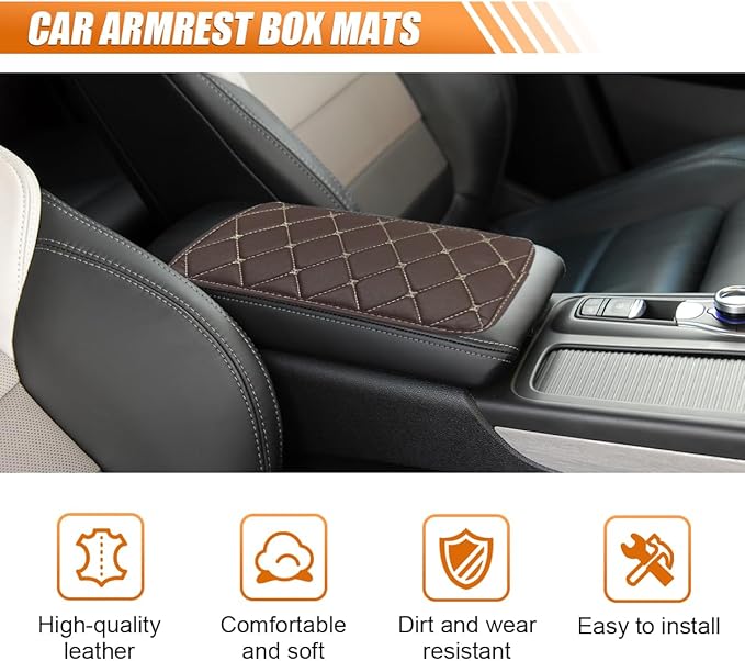 Leather Center Console Cover for Cars, Waterproof Arm Rest Box Protective Cover Car Center Console Cushion Pad, Universal Middle Console Armrest Pad Cover for Most Vehicles (Coffee/Beige)