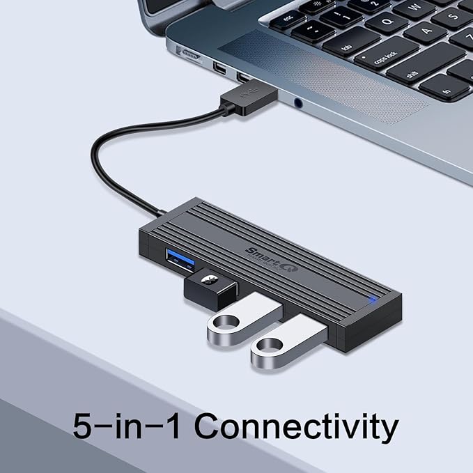 SmartQ 4-Port USB 3.0 Hub, High-Speed Data Hub, USB Port Expander for Laptop, PC, iMac, Surface Pro, XPS, Flash Drives, Mobile HDD, and More (Slim USB 3.0 Hub - 0.5 ft) (Pack of 2)