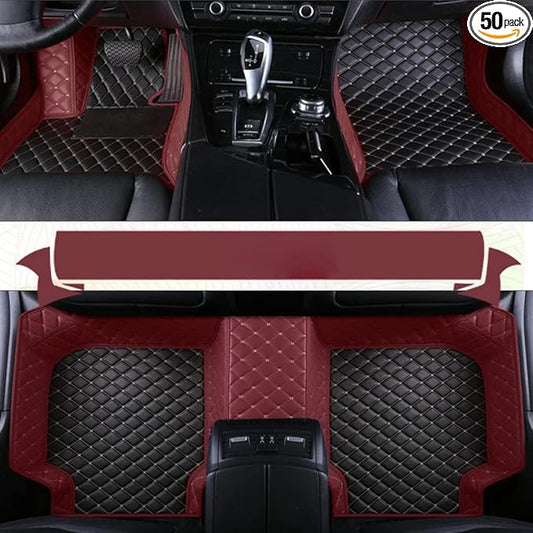 Custom Floor Mats for Cars，Luxury Full Coverage All Weather Car Floor Mats，Leather Car Mat Set ， Floor Mats for 99% of Cars, Trucks & SUVs (Border Wine red, Medium Black Rice)