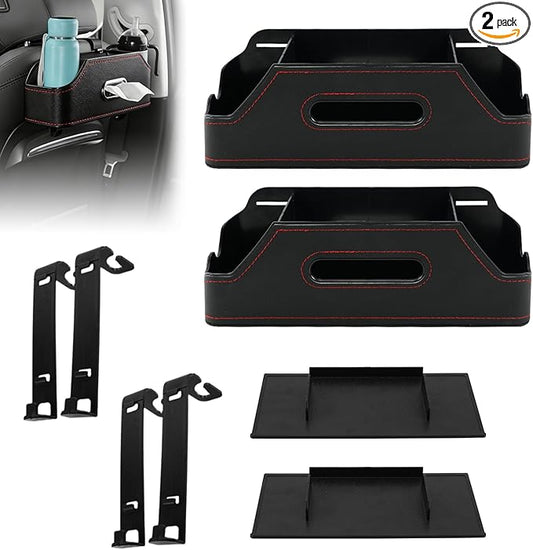 Sporacingrts 2 Pack Black Car Seat Back Organizer with Cup Holders, Tissue Box, Hooks, Phone Slot, PU Leather Storage Box for Backseat, Universal Fit for Cars SUVs Trucks