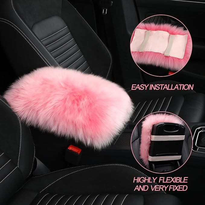 LLB Auto Center Console Cover Pad Universal Fit for SUV/Truck/Car, Genuine Sheepskin Wool Fur Car Armrest Seat Box Cover, Furry Fluffy Auto Armrest Cover Protector (Pinky Purple)