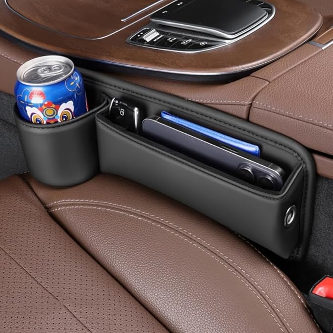 Car Seat Gap Filler Organizer with Cup Holders, Seat Gap Storage Box for Drinks, Phones, Keys, Sunglasses, Cards, and Small Essentials (Beige, Passenger Seat)