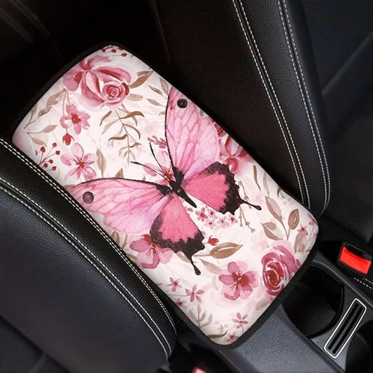 Coldinair Pink Floral Universal Car Center Console Pad Soft Armrest Protector Cover Fit for Most Vehicle,SUV,Truck,Car Interior Accessories Decor,Butterfly