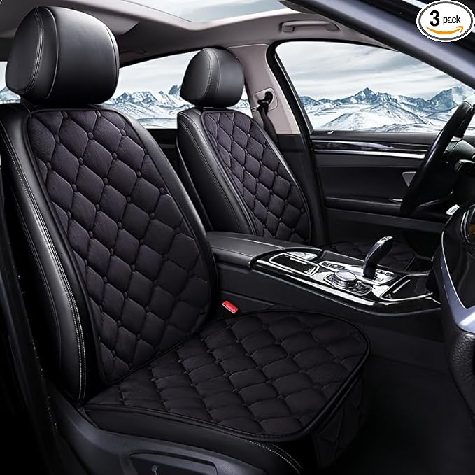 2pc Plush Front Seat Cushion with Back Support - Winter Warmth, Easy Installation, Polyester Fiber, Fits Most Vehicles, Beige (2pc Front Row Black)