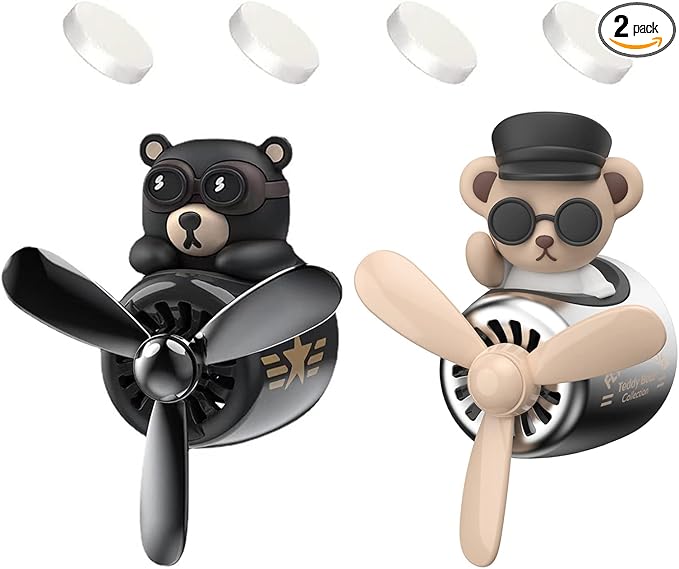 2 Pieces Car Air Fresheners, Cute Bear Pilot Car Diffuser, Propeller Air Outlet Vent Fresheners, Suitable for Automotive Interior Decoration (Bear (A+B))