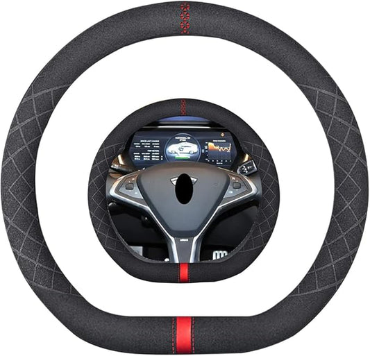 Suede D Shape Steering Wheel Cover,Compatible with Tesla Model S Model Y Model X Suede Leather Sport Non-Slip Wheel Cover Car Interior Accessories 15 inch for Man and Women