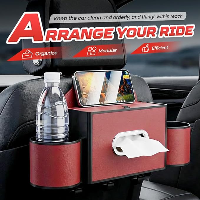 Back Seat Car Organizer,3 in 1 Car Backseat Storage Box with Cup Holder,Tissue Box,Trash Bin&Hooks,Multifunctional Waterproof Storage for Hold Phones Snacks Drinks Handbags (1, A-Coffee)