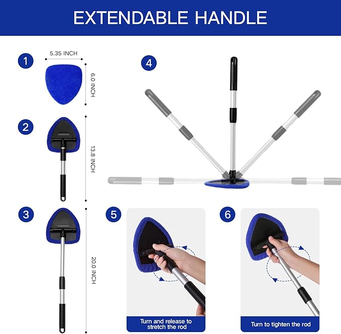 Qydipclin 10pcs Windshield Cleaner Tool, Car Window Cleaning Wash Kit with 4 Reusable Microfiber Pads 1 Spray Bottle and Extendable Handle Auto Glass Wiper Kit, Blue&Green