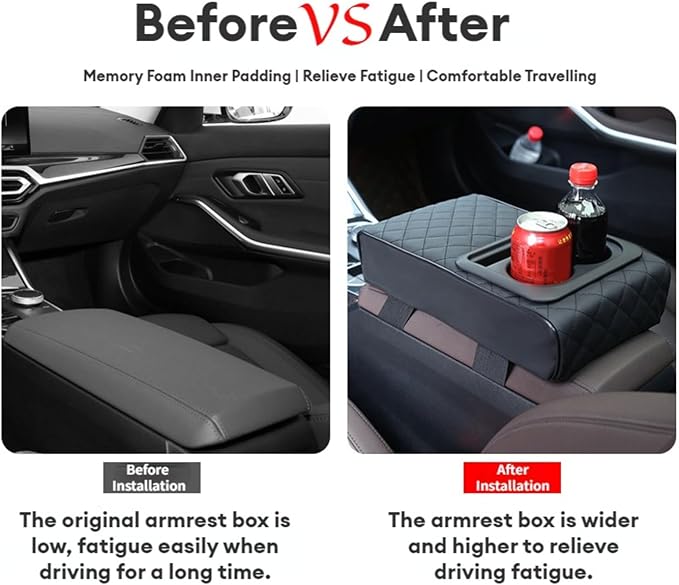 Center Console Cover Car Armrest Box Pad Leather Arm Rest Cushion with Cup Holder Mobile Phone Storage Armrest Protection Pad for Car (Grid Grey, 13.58 * 8.07 * 2.95 inch)