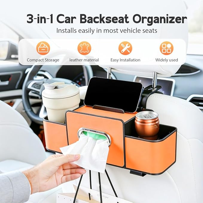 Multifunctional Car Seat Back Storage Box, 3-in-1 Backseat Car Organizer with Dual Cup Holders, Hold Phones, Snacks, Drinks, and Handbags (Brown)