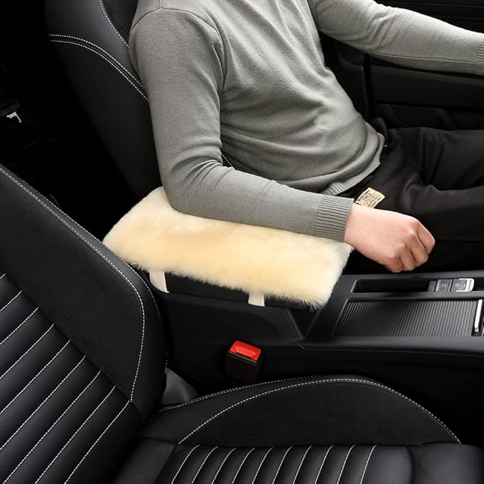Sheepskin Armrest Cover Auto Center Armrest Cover Car Soft Console Pad, Fluffy Wool Auto Center Console Cover for Most Car Arm Rest Decoration Protector 7 x 13 Inch (Shearling, Light Gray)