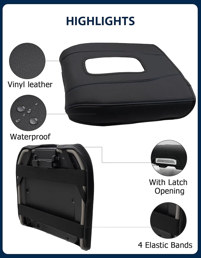 Center Console Armrest Cover for Chevy Silverado 1500 Accessories & GMC Sierra 2019-2026, Yukon & Tahoe & Suburban 2021-2026, Bucket Seat, PU Leather Middle Console Lid Cover Pad, Black-Blue Stitch