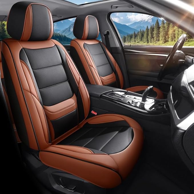 Car Seat Covers Full Set Custom Fit for Ford Edge 2007-2025 2026-Luxury Leather with Lumbar Support, Breathable, Waterproof, Anti-Slip, Durable, Easy to Install (BlackBrown,Full Set)